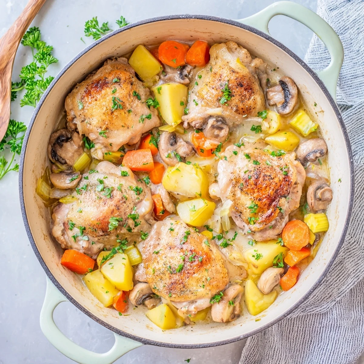 Slow-cooked French chicken casserole featuring golden seared thighs nestled with carrots, mushrooms, and peas in rich white wine sauce