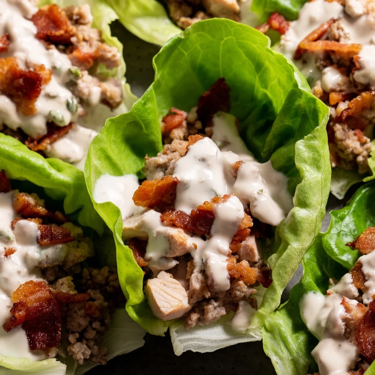 Hearty chicken, beef, and bacon lettuce wraps with creamy ranch dressing drizzle. Juicy chicken, savory beef, and crispy bacon in fresh lettuce cups with ranch. Protein-packed lettuce wraps featuring chicken, beef, bacon, and creamy ranch dressing.