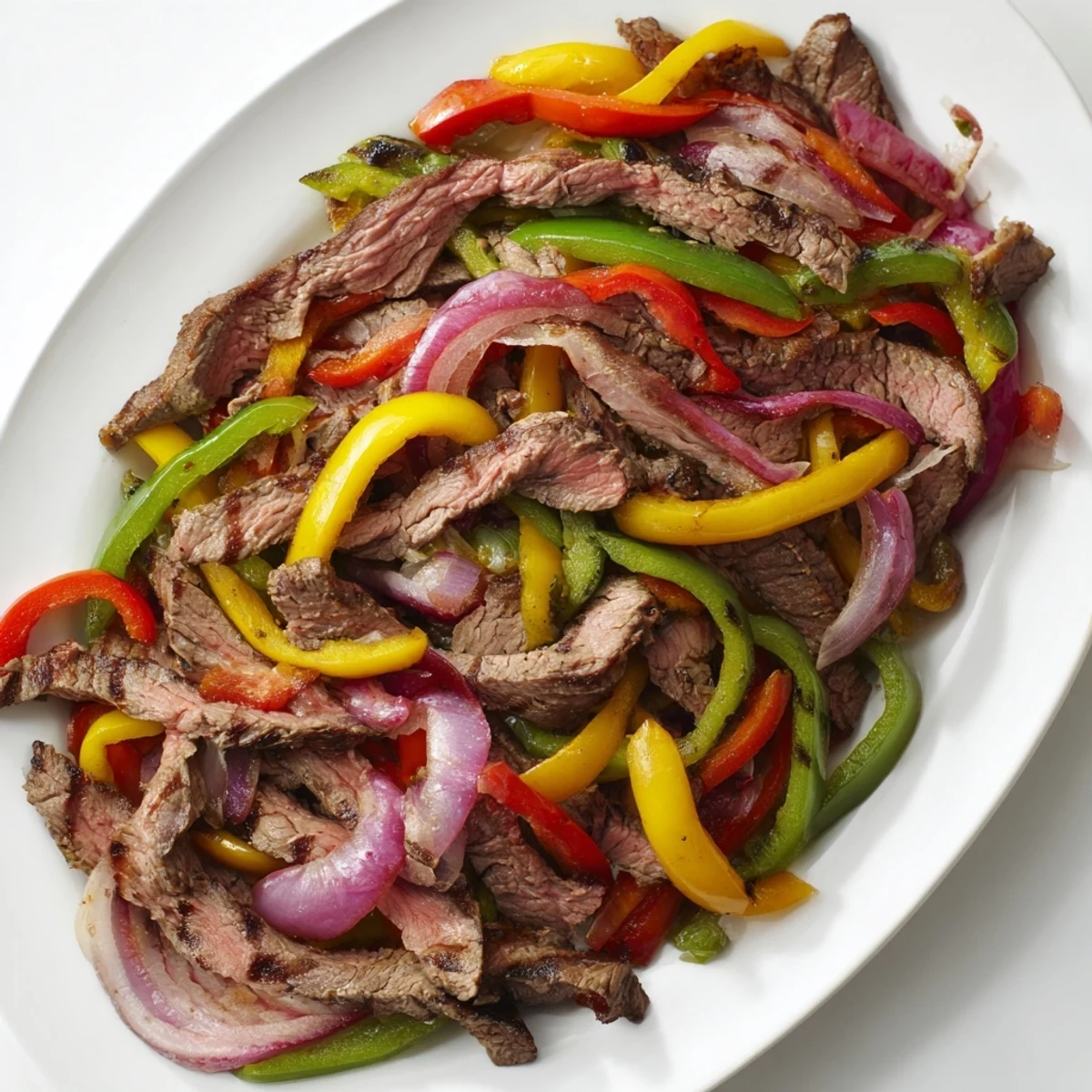 Golden grilled steak fajita platter with colorful peppers onions and warm tortillas ready for serving