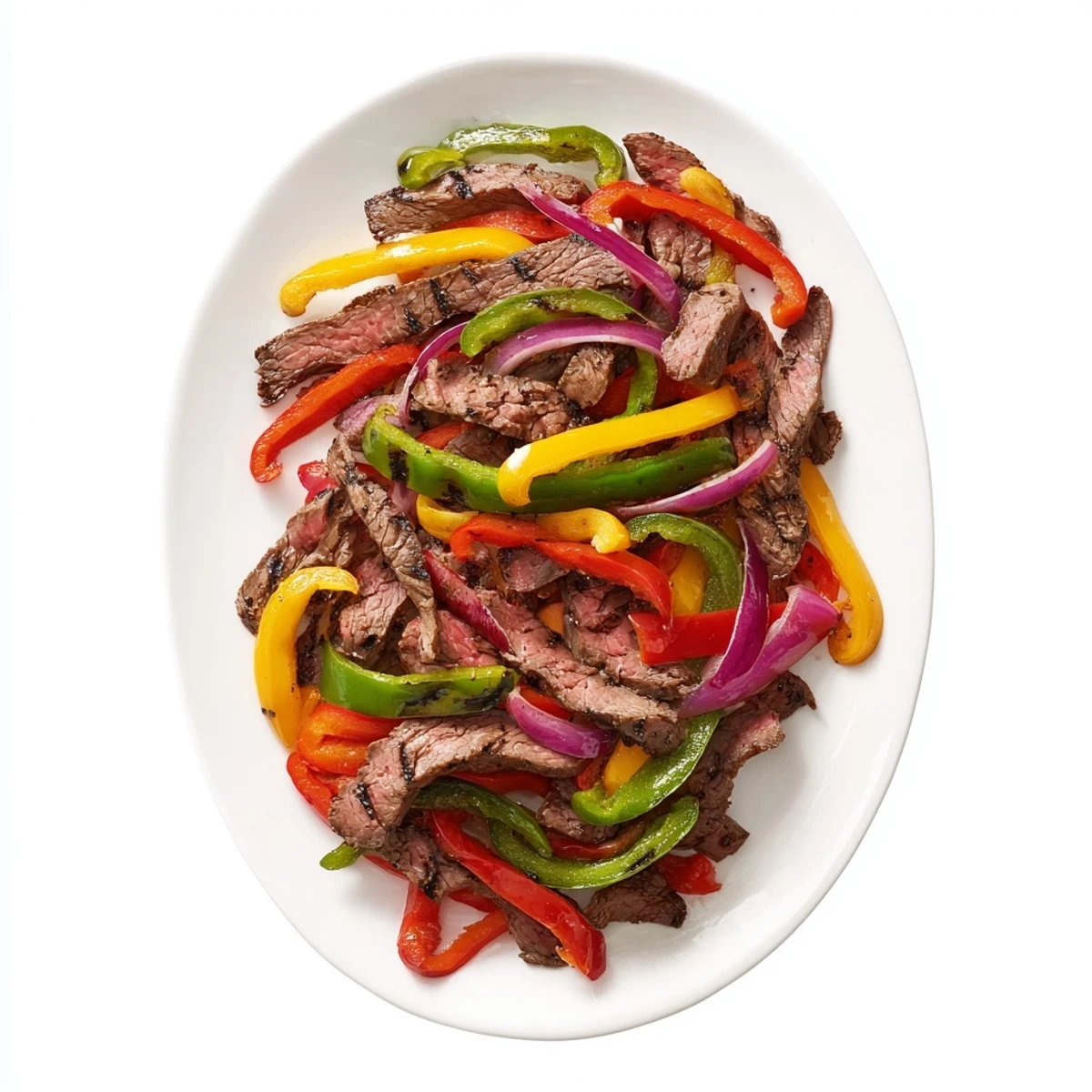 Sizzling steak strips and sautéed vegetables arranged on a platter with fresh lime and cilantro