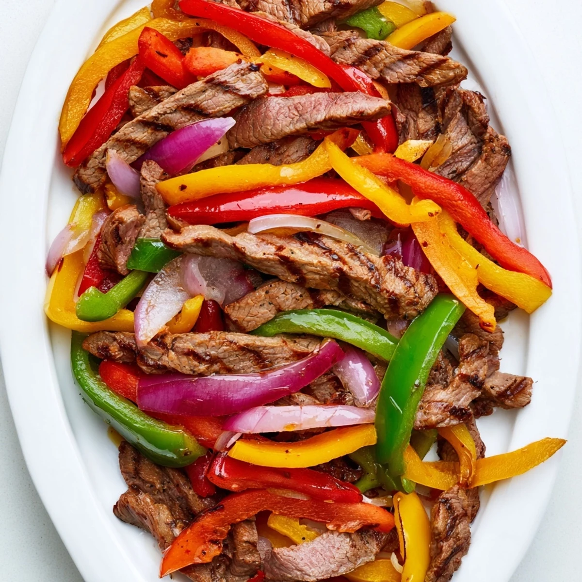 Juicy marinated steak fajitas served with charred bell peppers sliced avocado and tortilla wraps