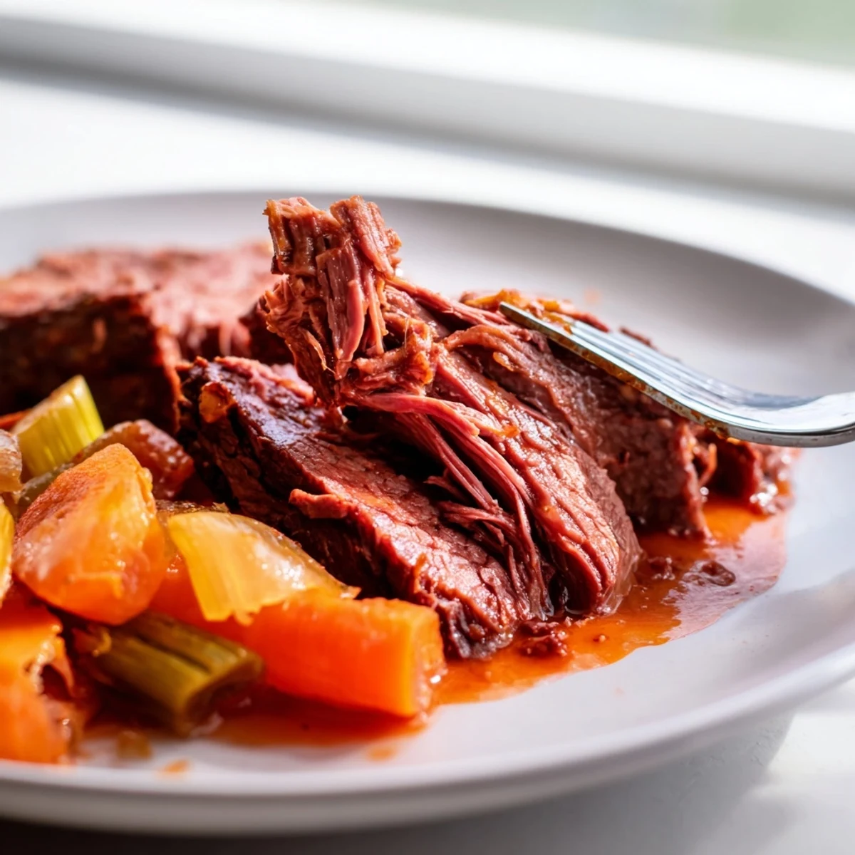 Succulent melt in your mouth red grape juice braised chuck roast with tender carrots and celery