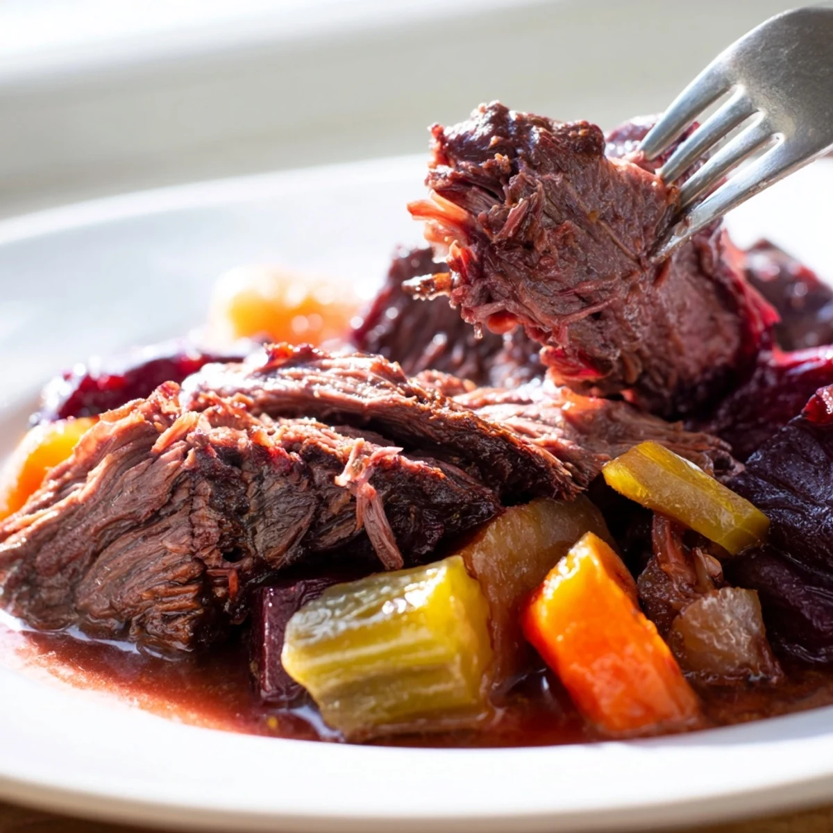 Fork-tender beef chuck roast slowly braised in red grape juice with aromatic herbs and vegetables