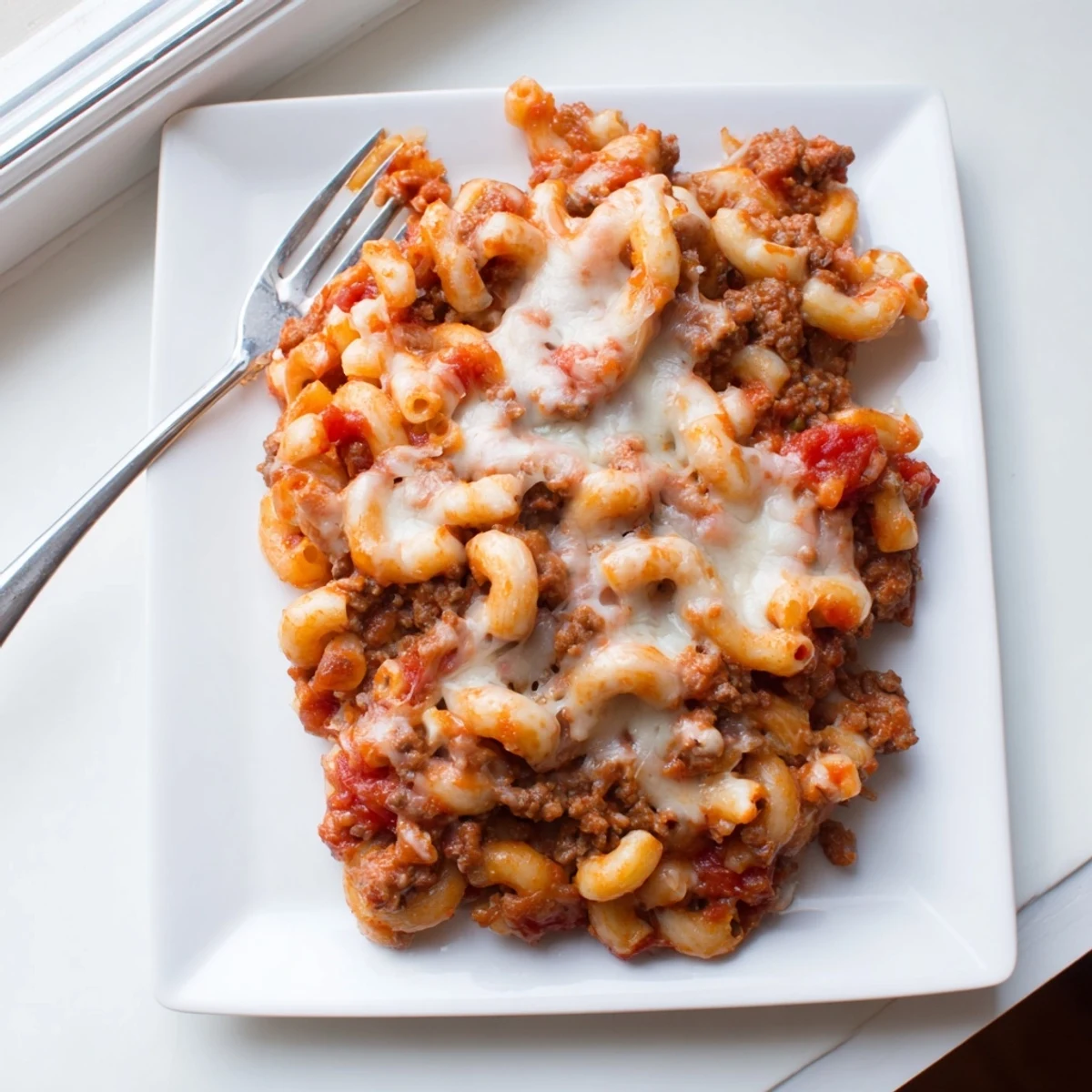 Golden cheesy garlic butter beefaroni bubbling in a baking dish with melted mozzarella topping