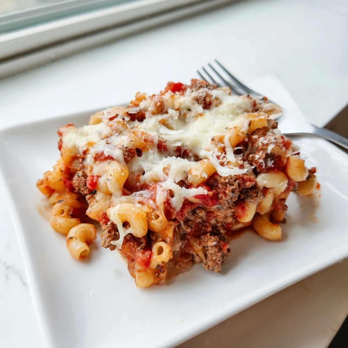 Comforting pasta bake featuring savory ground beef and tender macaroni smothered in rich garlic butter sauce