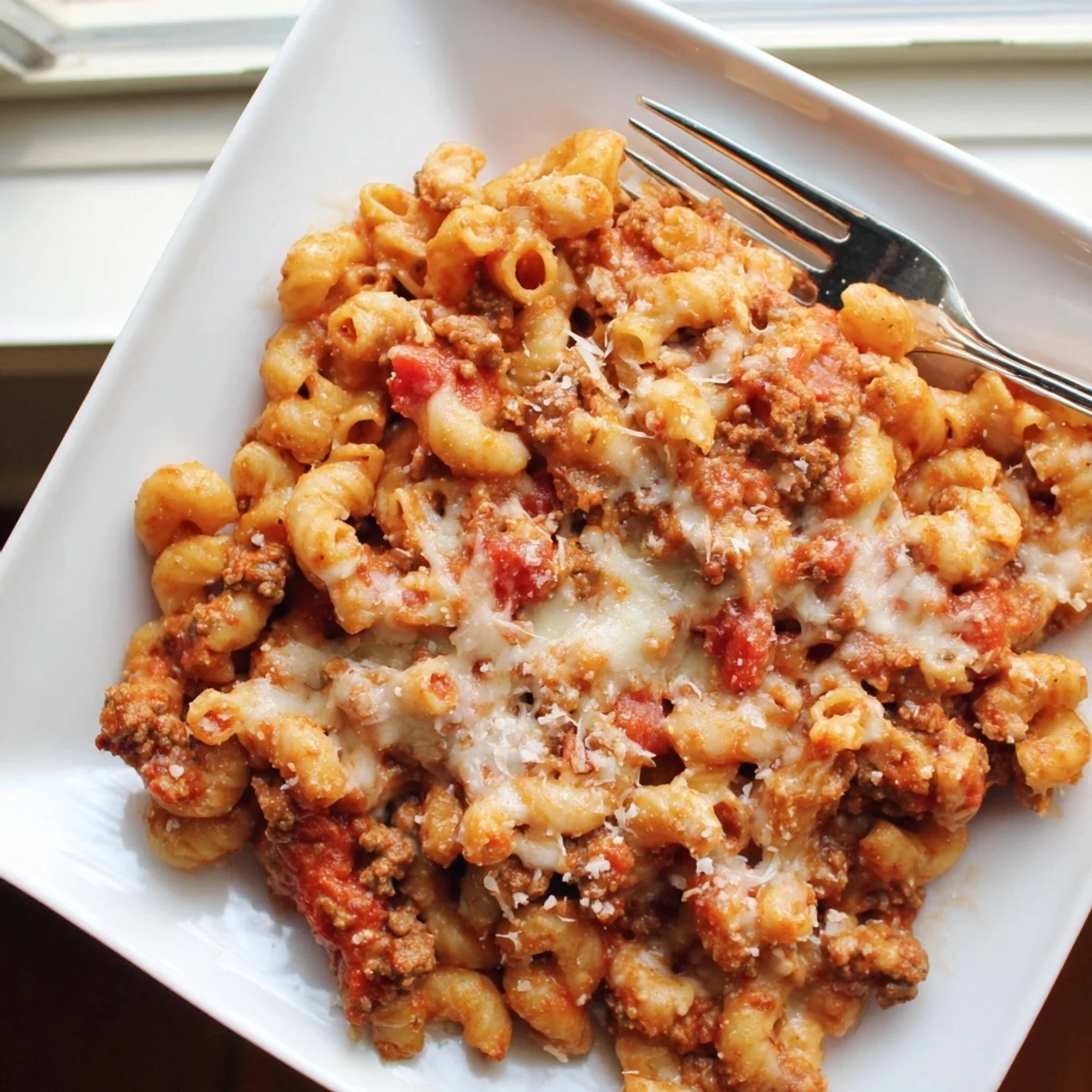 Homemade beefaroni casserole with layers of seasoned beef, macaroni, and golden Parmesan cheese crust