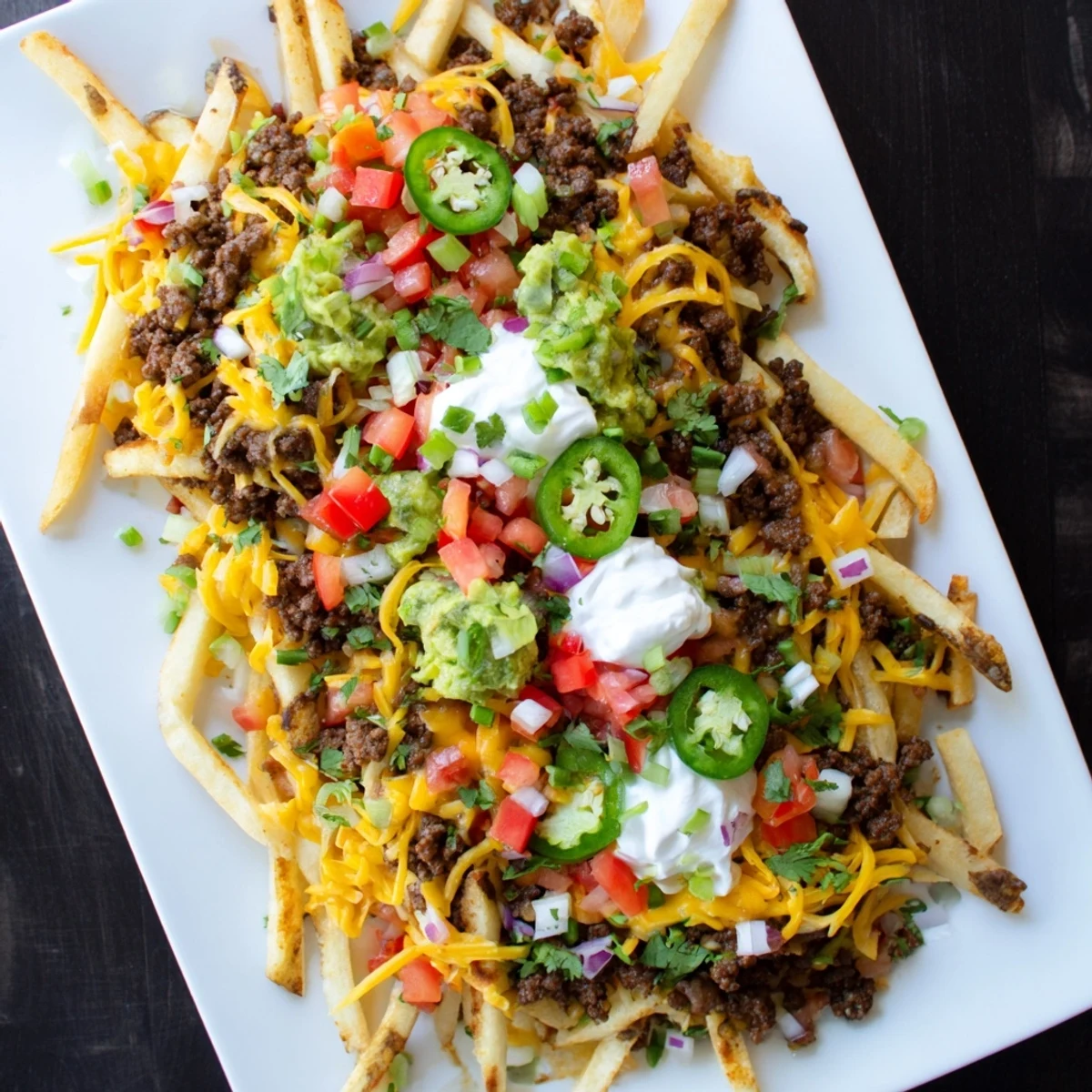 Golden crispy fries topped with seasoned taco beef and melted cheddar cheese