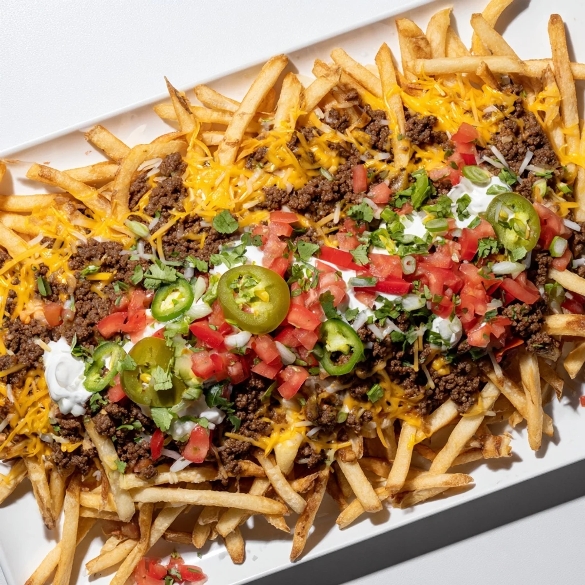 Heaping plate of taco beef loaded fries with tomato, cilantro, and jalapeño