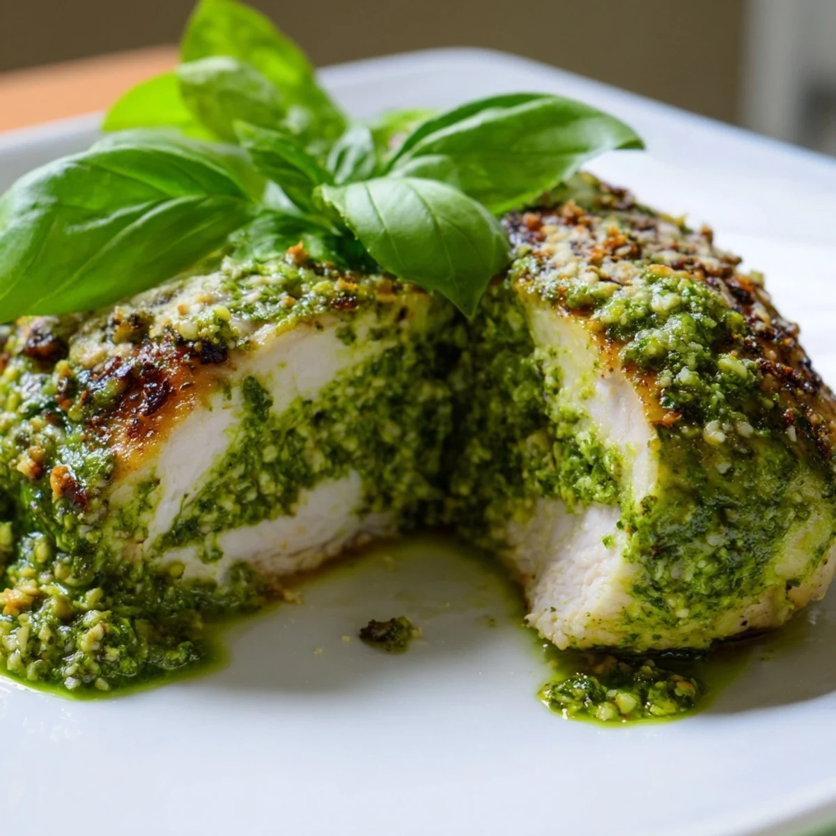 Golden baked chicken breast topped with vibrant green lemon basil pesto sauce
