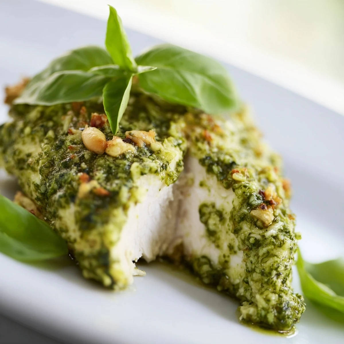 Tender lemon basil pesto chicken garnished with fresh basil and lemon slices