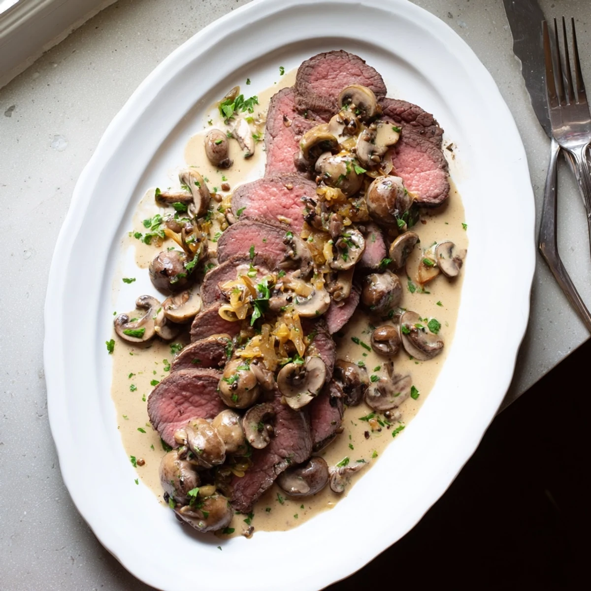 Golden seared tenderloin roast topped with rich creamy mushroom sauce and fresh parsley