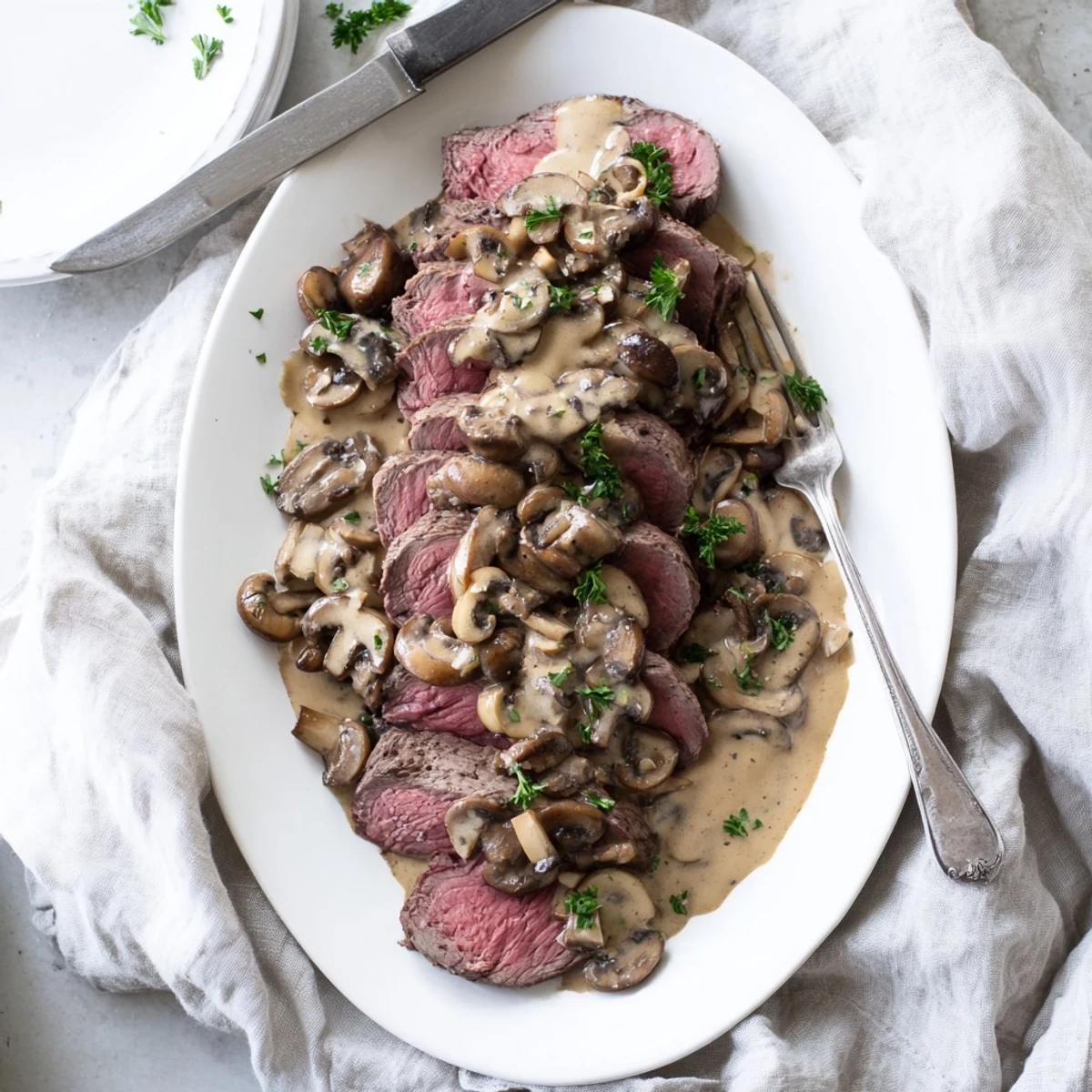 Juicy medium-rare beef tenderloin slices draped in velvety white mushroom cream sauce
