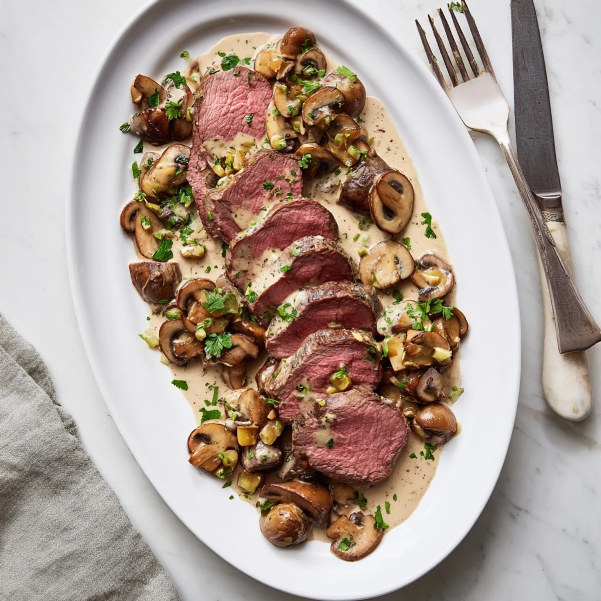 Elegant plated beef tenderloin served piping hot with luscious mushroom cream sauce drizzle