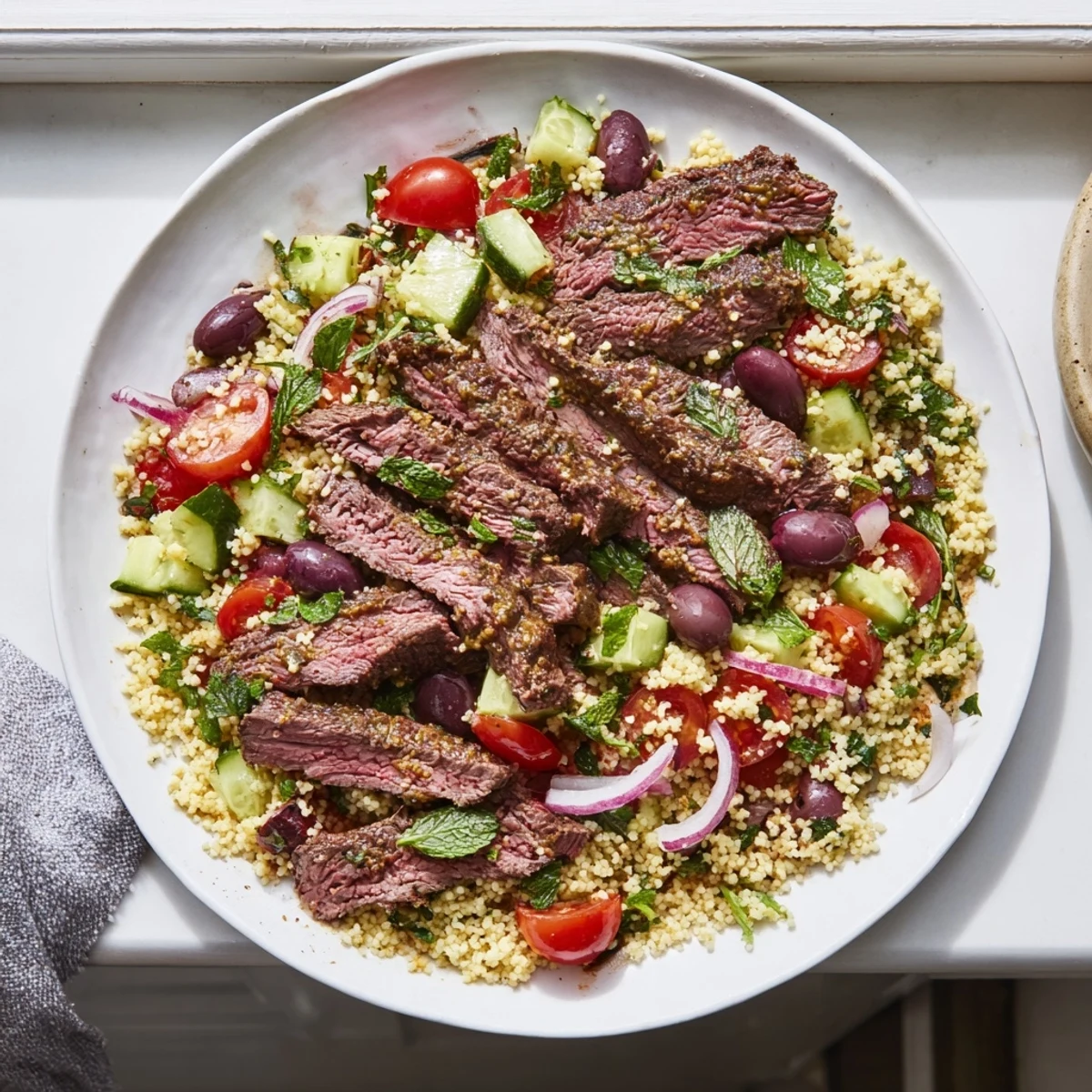 Golden grilled skirt steak slices arranged over fluffy couscous salad with vibrant cherry tomatoes and fresh herbs