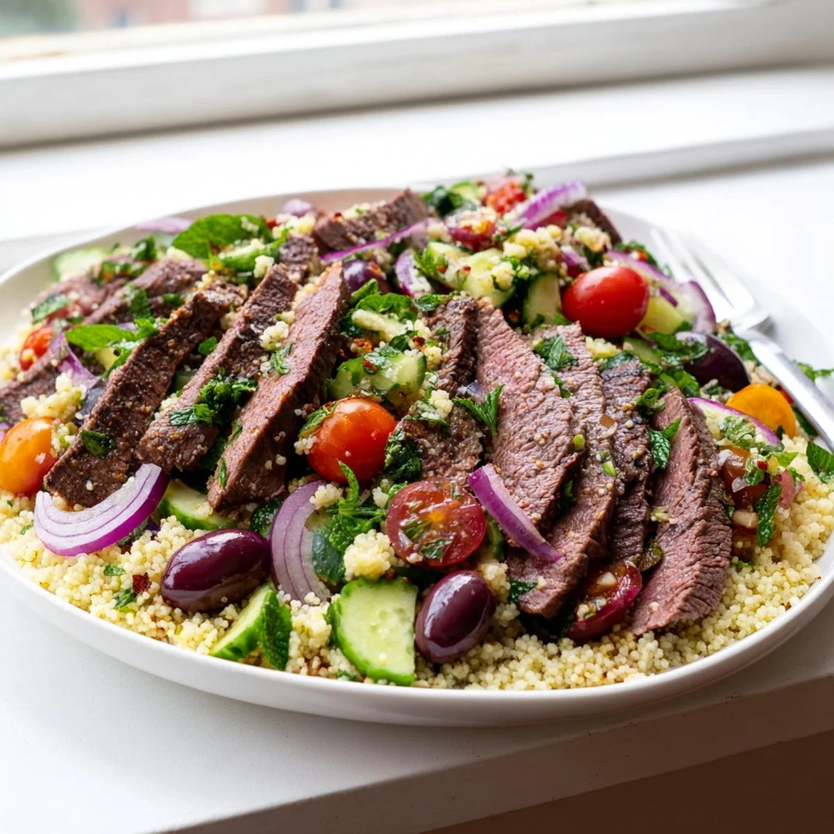 Hearty grilled skirt steak couscous salad featuring smoky sliced beef resting on a bed of Mediterranean vegetables and green onions