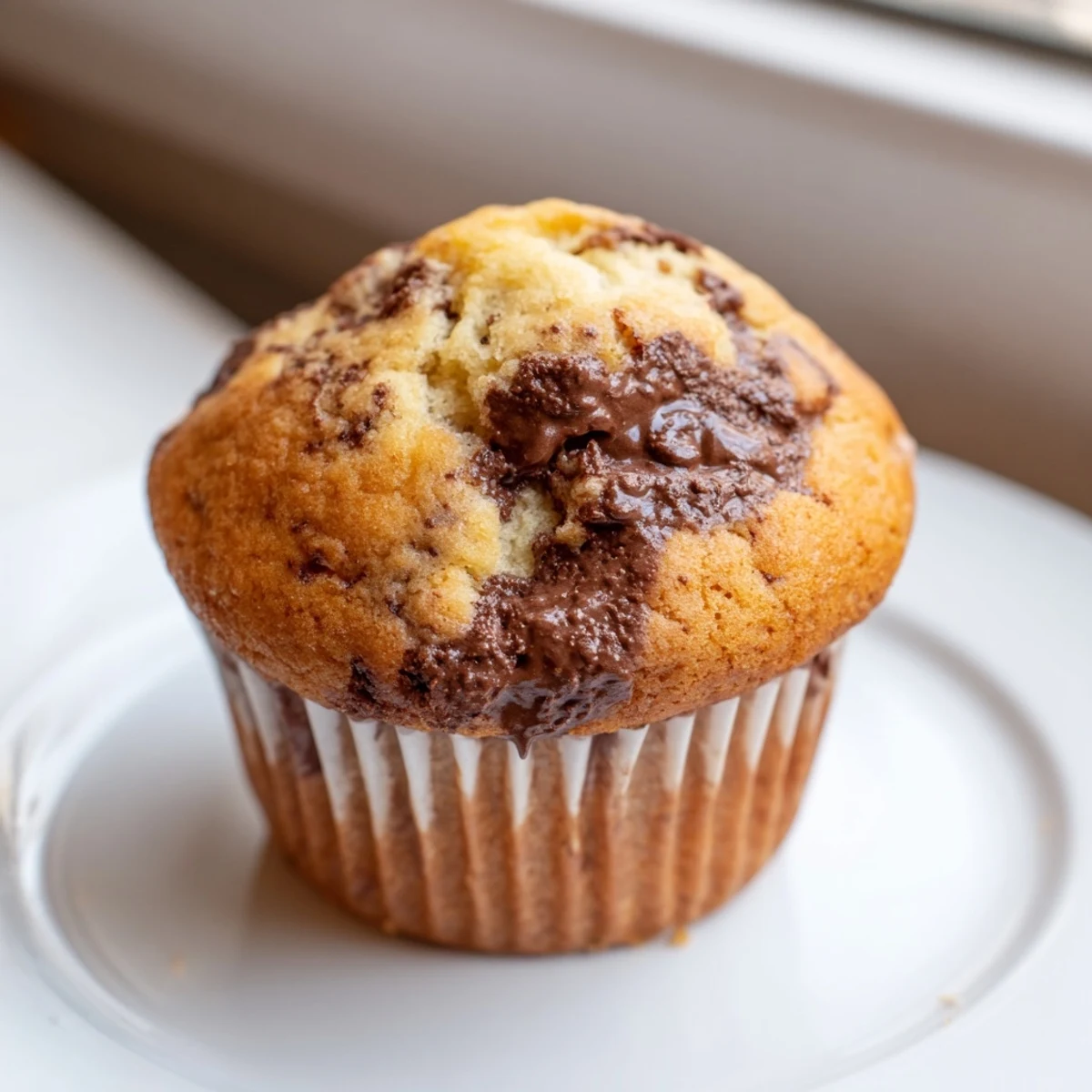 Golden Nutella Banana Swirl Muffins topped with marbled chocolate hazelnut ribbons on a rustic wooden board