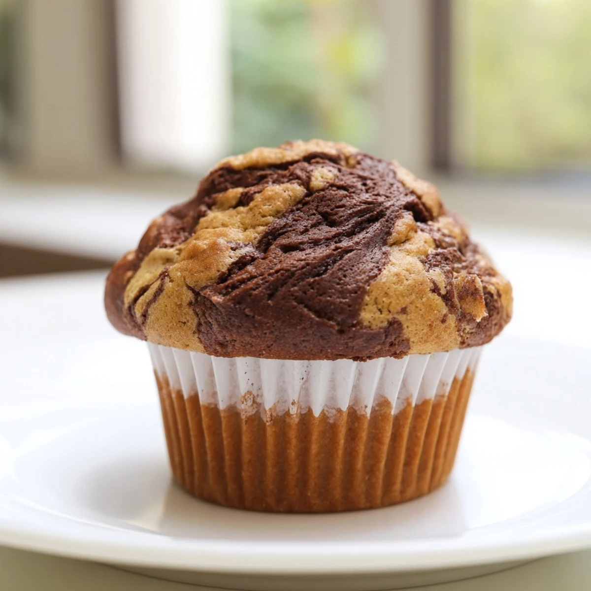 Moist banana muffins with rich Nutella Banana Swirl Muffins pattern served on white plate with coffee