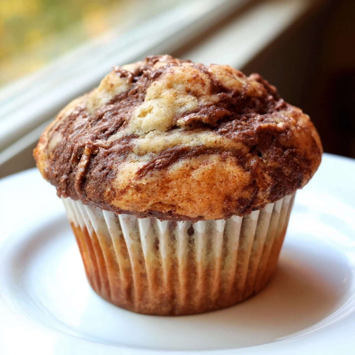 Freshly baked Nutella Banana Swirl Muffins showing gooey chocolate swirls in paper-lined muffin pan