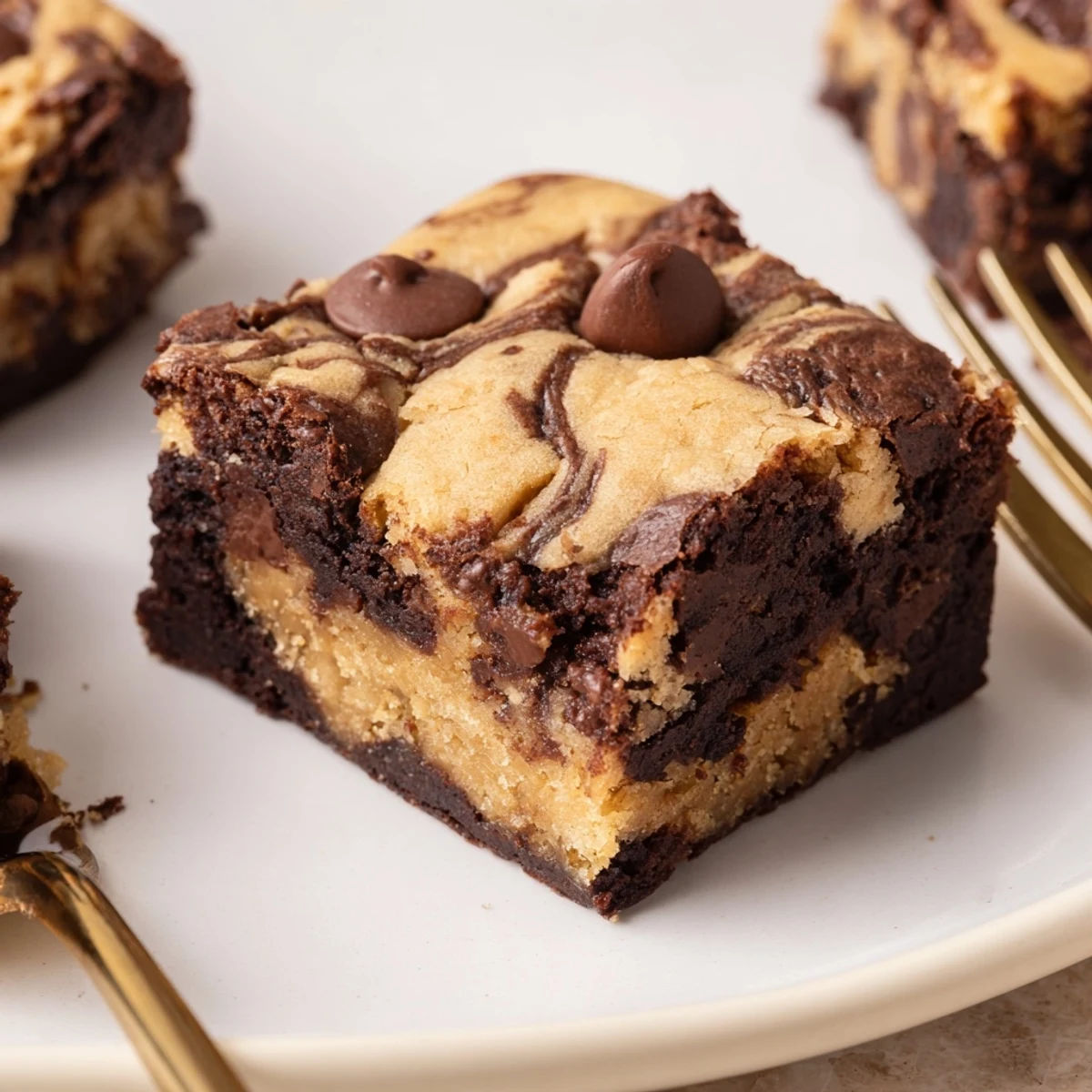 Fudgy chewy browkies showing marbled chocolate layers with golden edges on a white plate