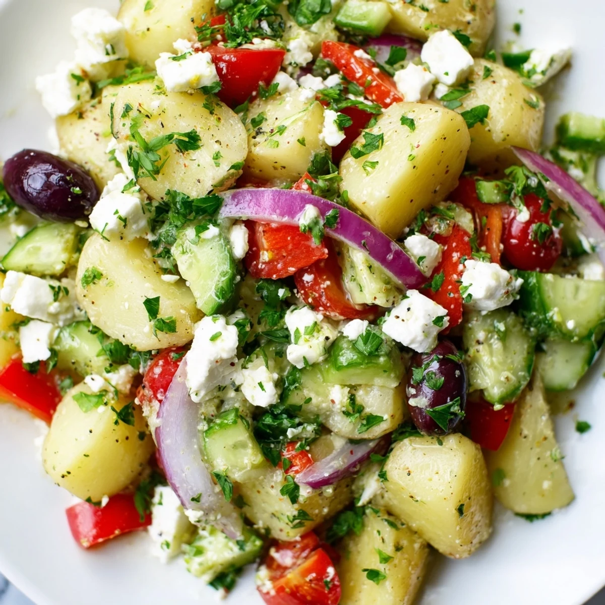 Golden potato salad with cucumber tomatoes olives and crumbled feta dressed in lemon oregano