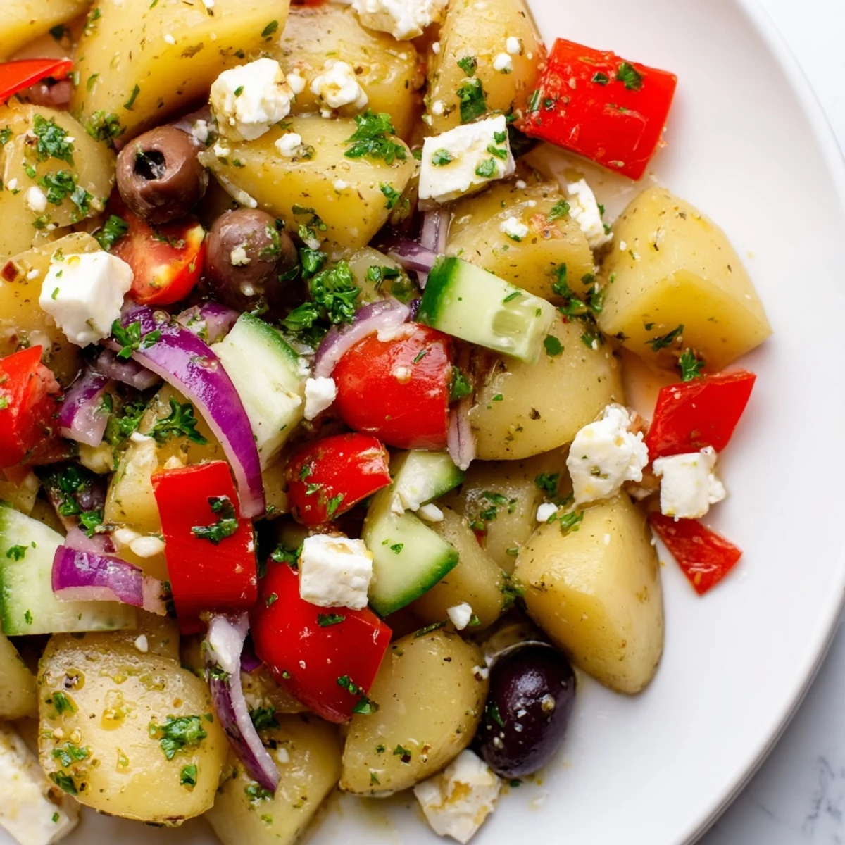 Refreshing Mediterranean potato salad bowl topped with feta cheese Kalamata olives and fresh parsley