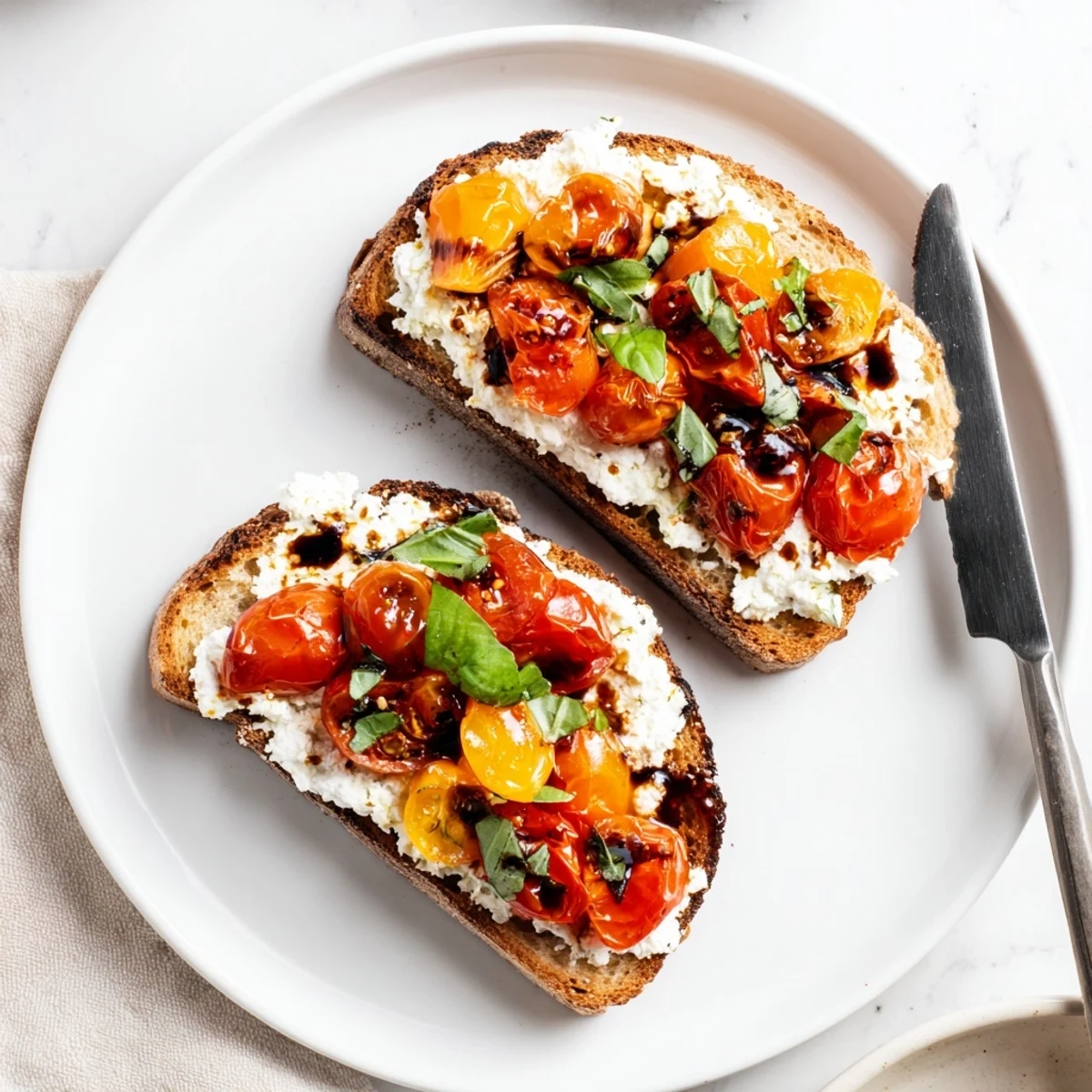 Ricotta tomato sourdough toast drizzled with olive oil and fresh torn basil leaves