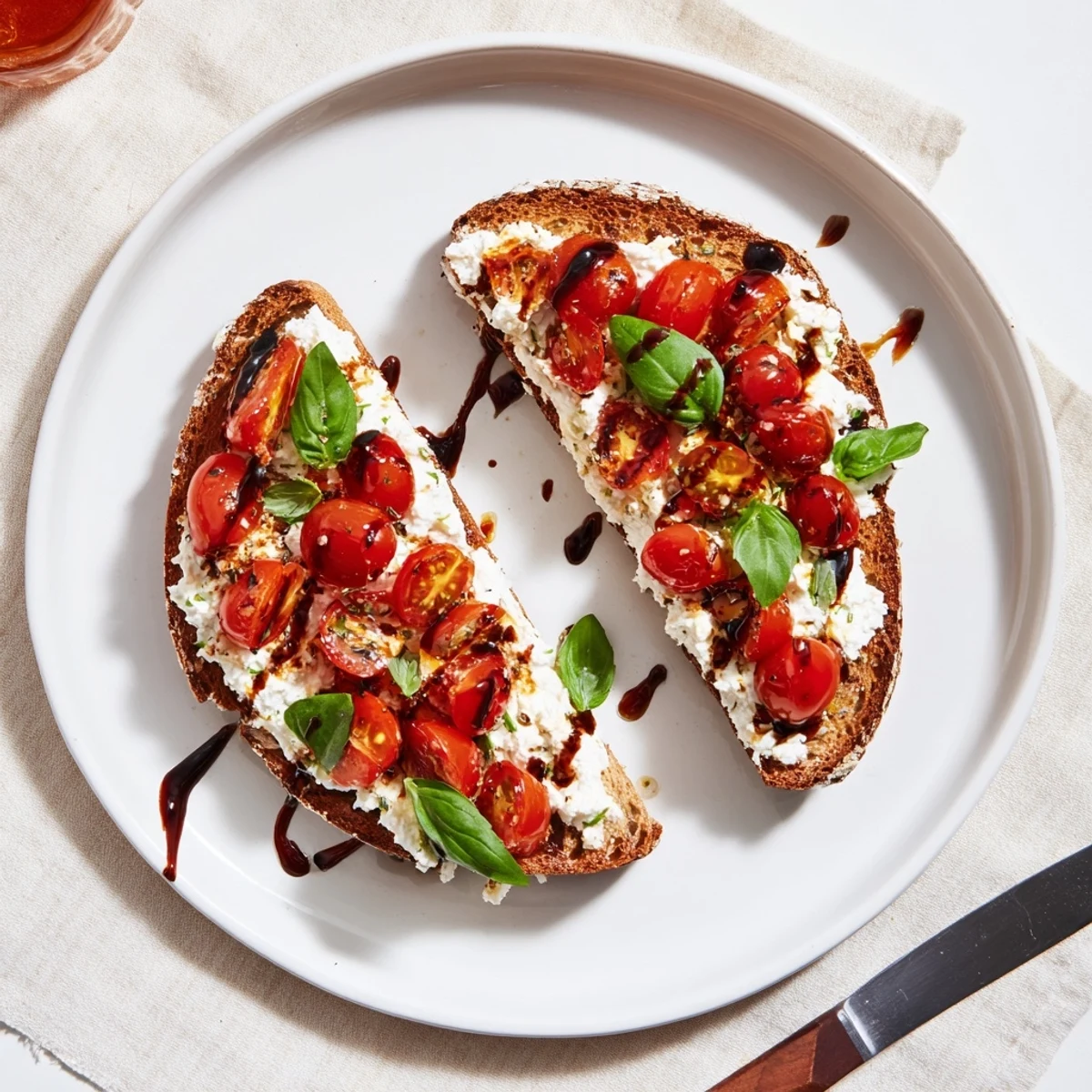 Golden sourdough toast topped with creamy ricotta and vibrant halved cherry tomatoes