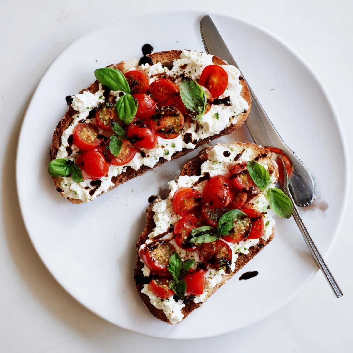 Crispy sourdough bread layered with seasoned ricotta and juicy tomato halves garnished with basil