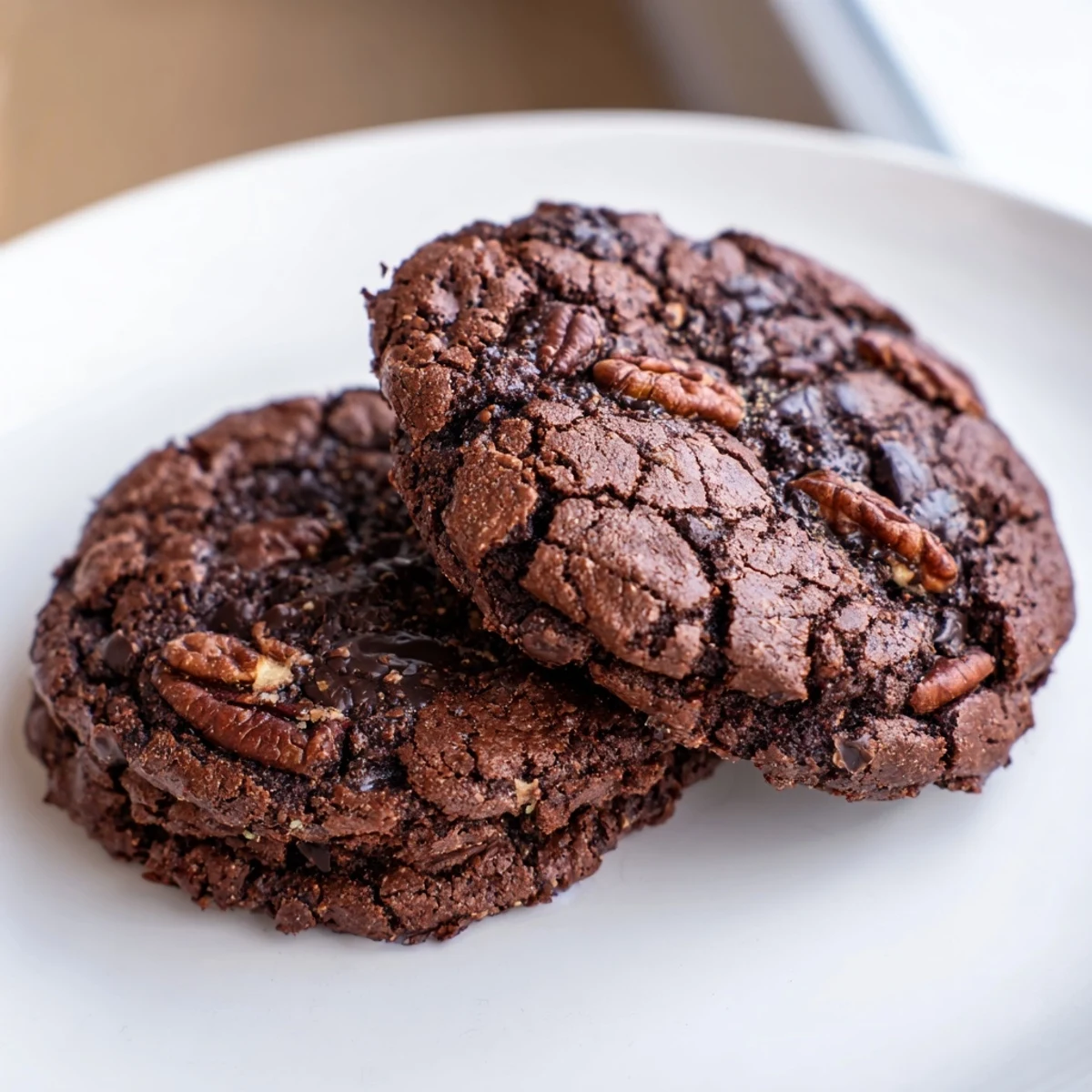 Freshly baked sourdough brownie cookies with shiny crackled tops and melted chocolate chunks