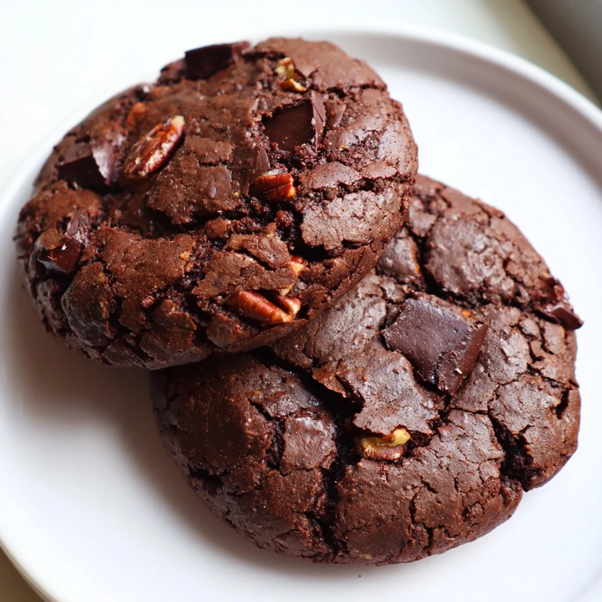 Warm fudgy sourdough brownie cookies cooling on a wire rack with rich chocolate centers