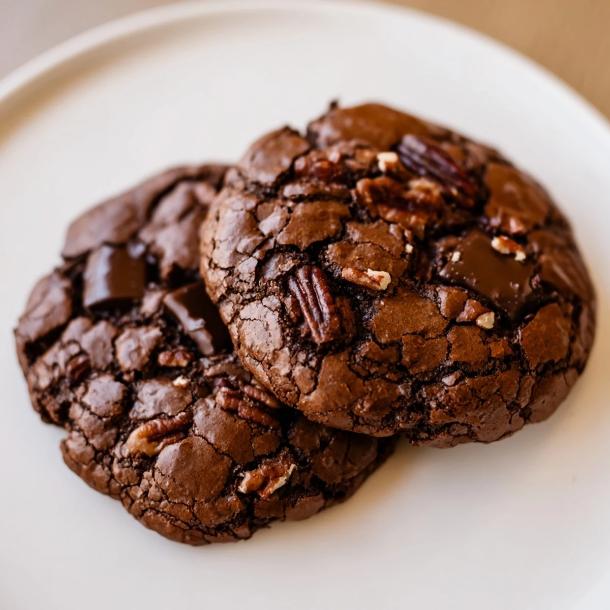 Glossy sourdough brownie cookies featuring crackly surfaces and gooey chocolate pockets throughout