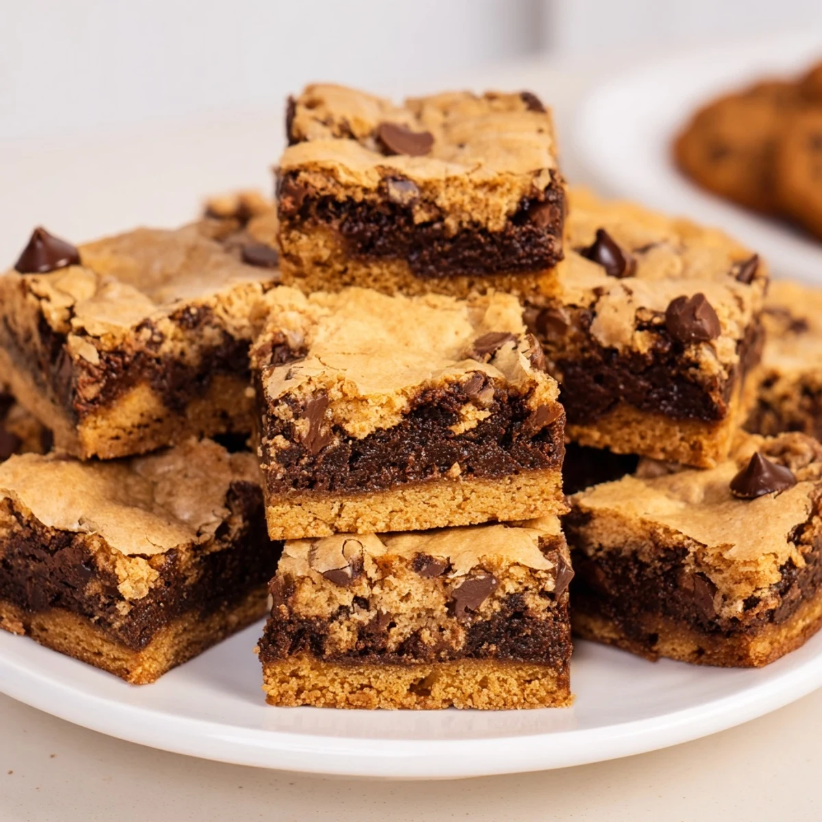 Fudgy chocolate chip cookie brownies layered with gooey chocolate chips and golden cookie dough