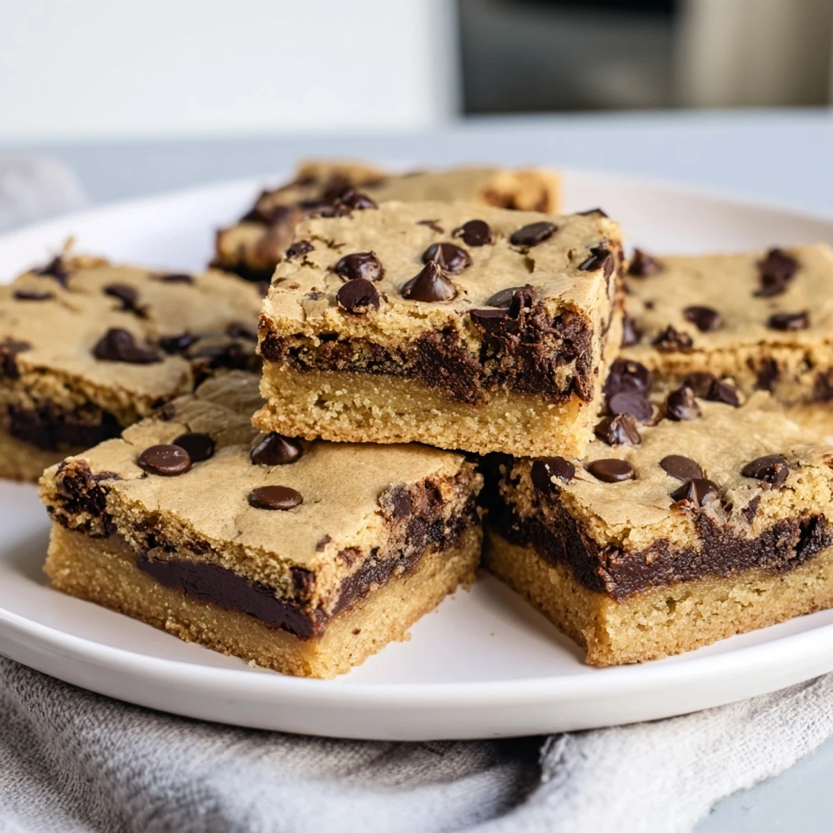 Decadent chocolate chip cookie brownie bars topped with melted semisweet chocolate and crispy edges
