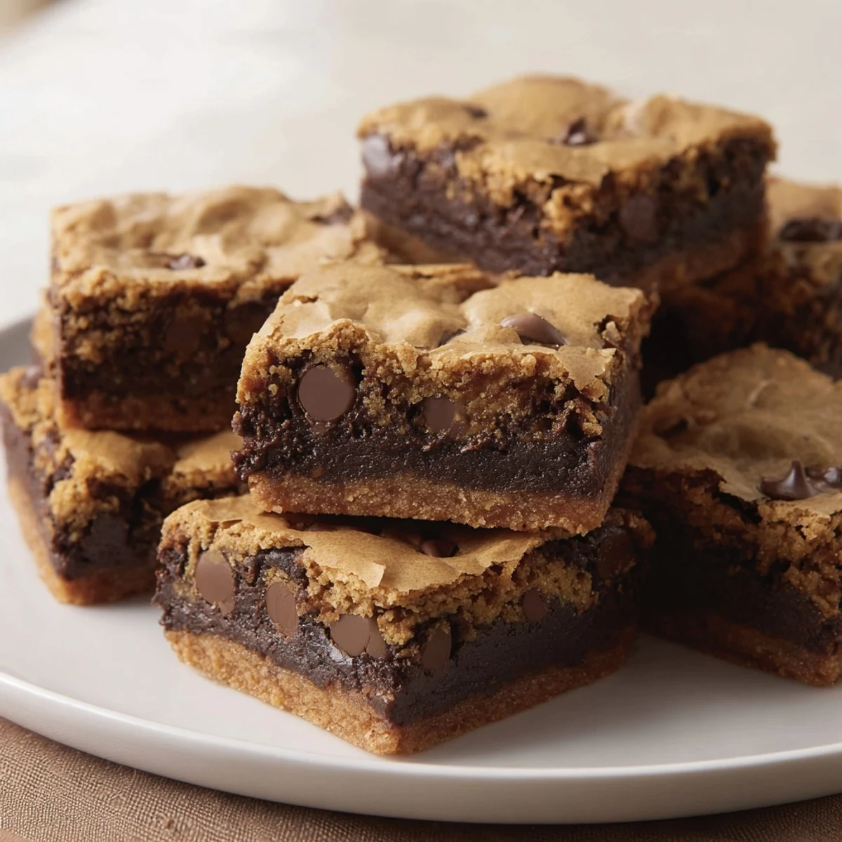 Freshly baked chocolate chip cookie brownies showing rich brownie base and chunky cookie layer