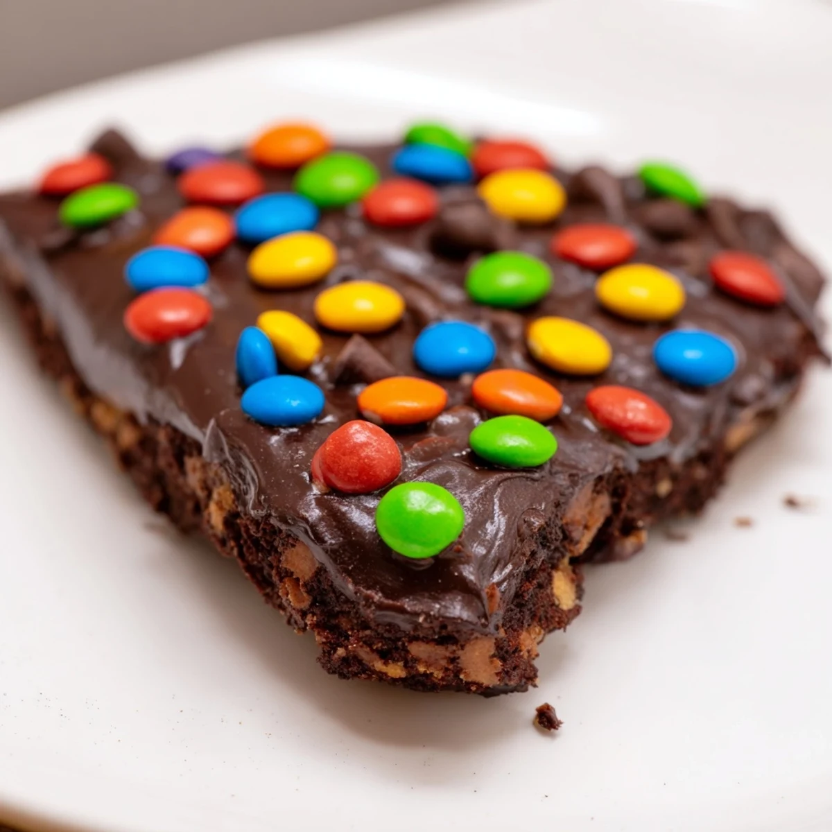 Freshly baked Cosmic Brownie Cookies topped with glossy chocolate ganache and colorful rainbow candy chips