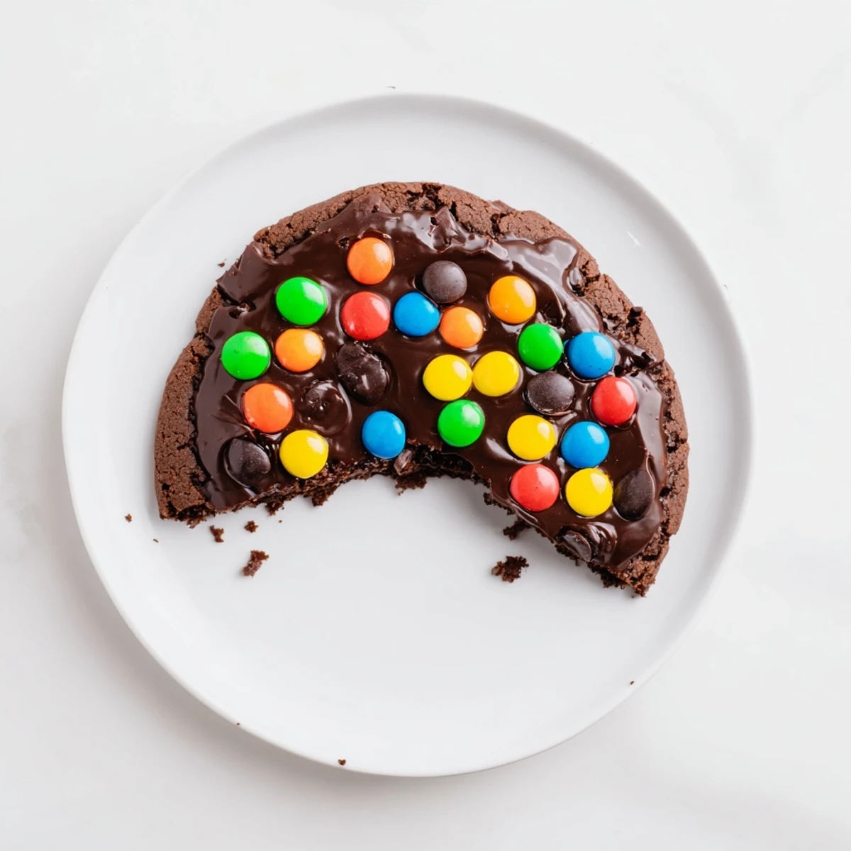 Nostalgic Cosmic Brownie Cookies featuring smooth chocolate frosting topped with bright multi-colored chocolate candies