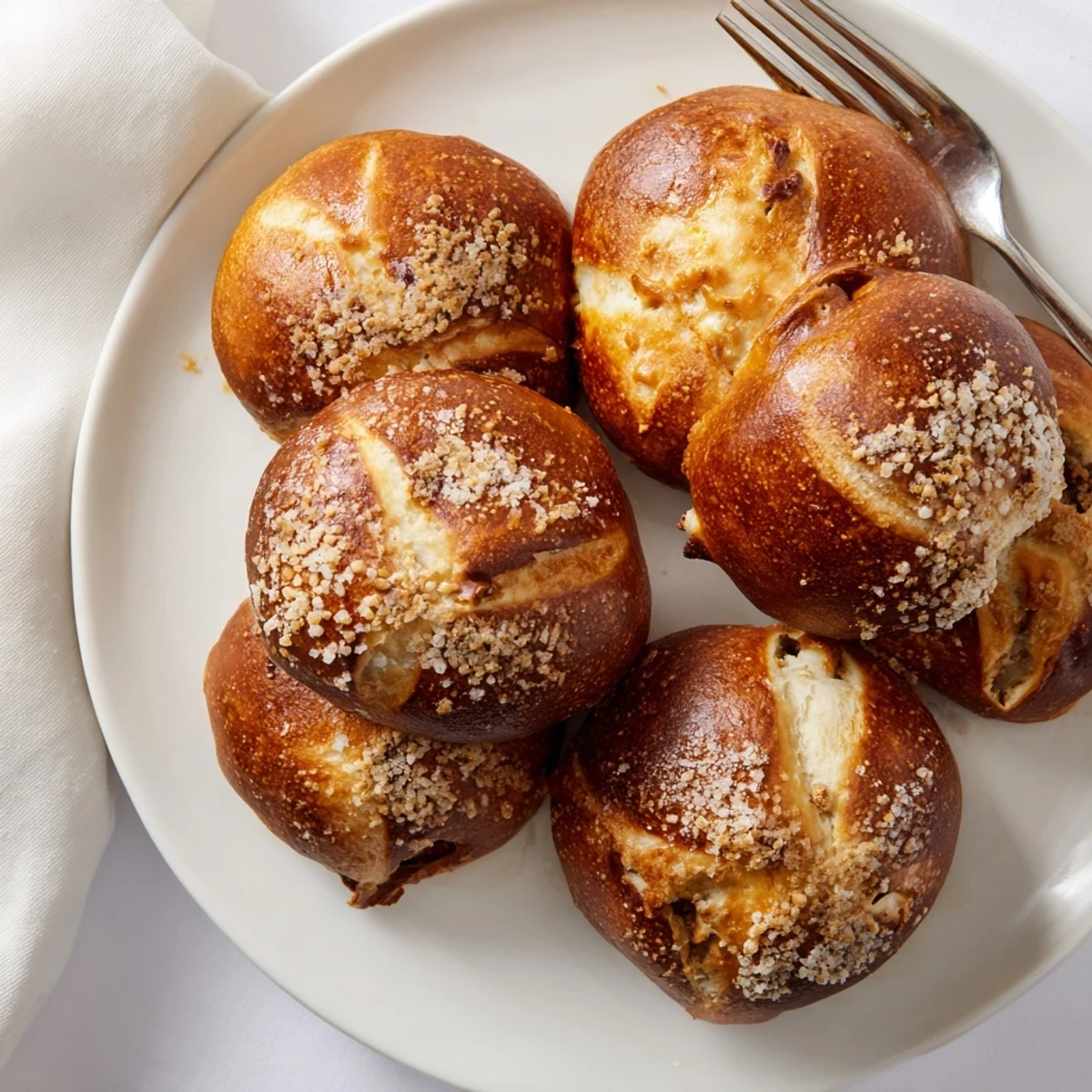 Soft pretzel balls filled with juicy ground beef and cheeseburger flavors, sprinkled with coarse salt for game day appetizers
