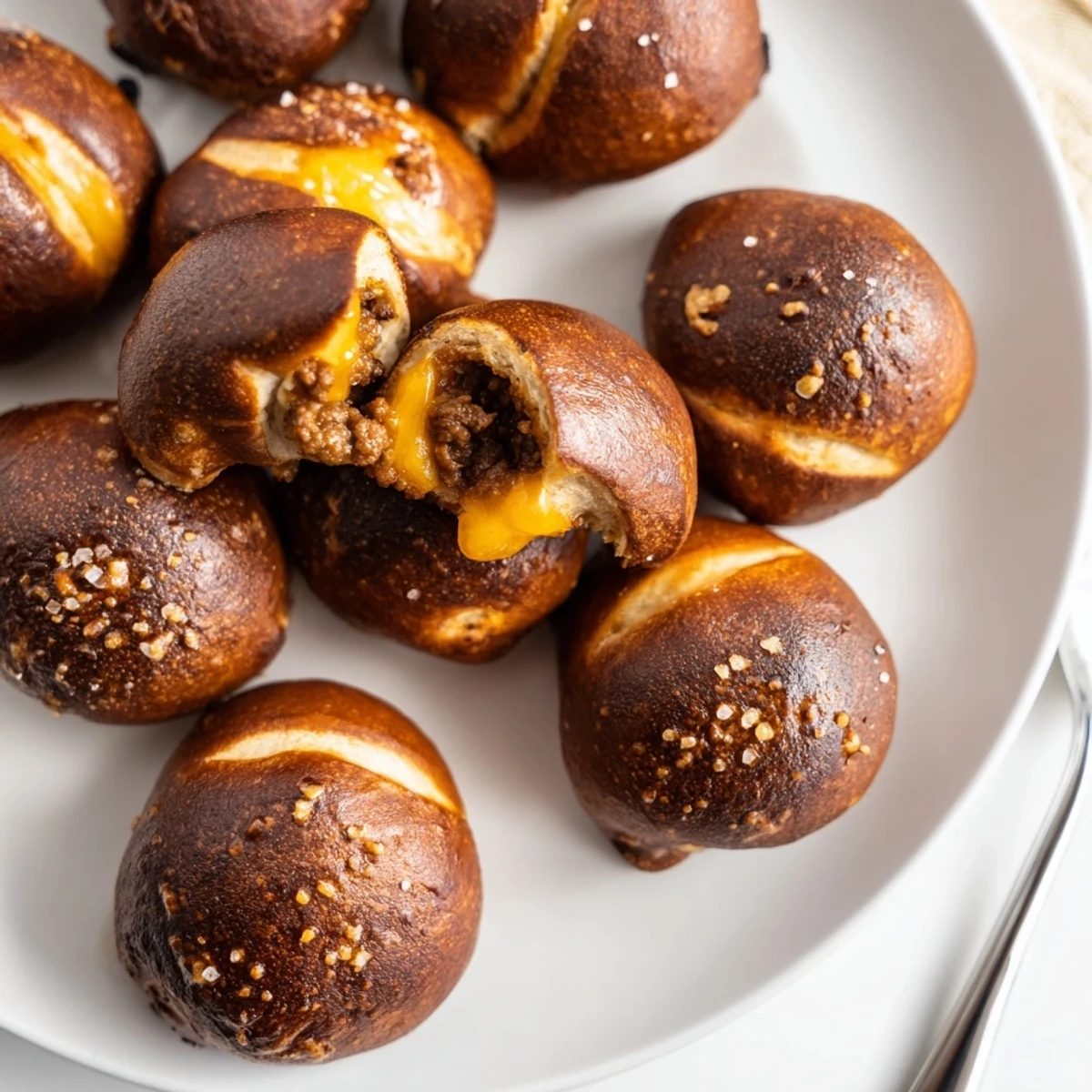 Golden brown cheeseburger pretzel bombs stuffed with seasoned beef and melted cheddar cheese on a white plate