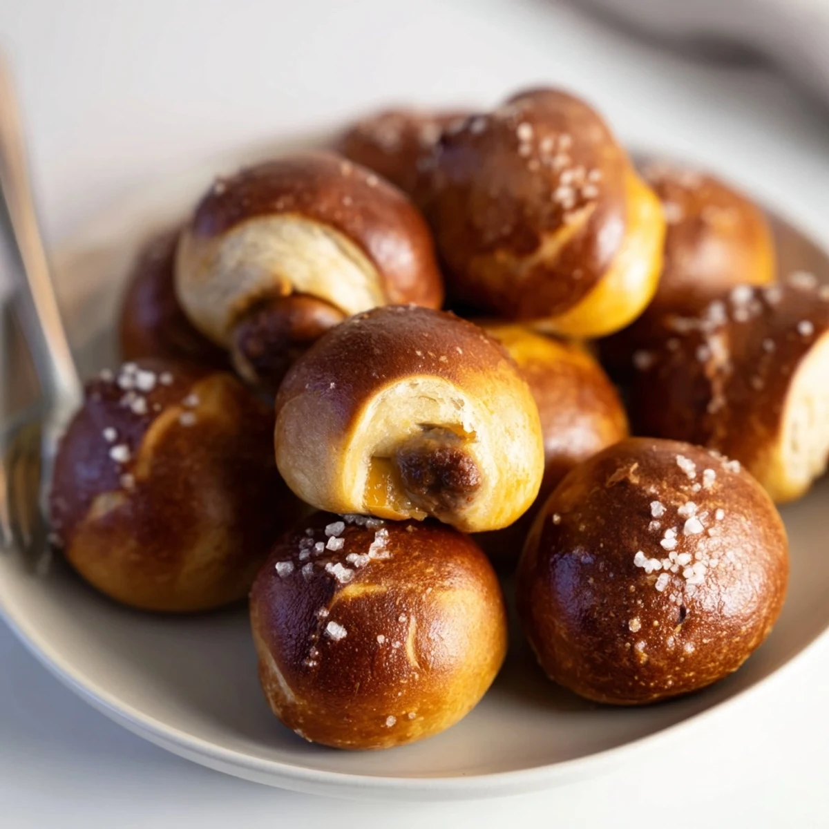 Warm cheeseburger pretzel bombs with golden crust, revealing savory beef and cheddar filling inside perfect for party snacks