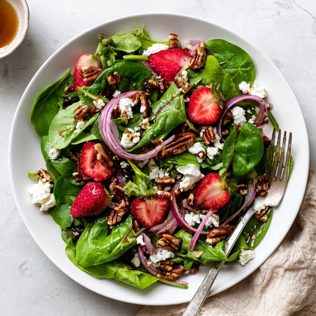 Fresh Strawberry Fields Salad with sweet sliced berries, tangy goat cheese, and toasted pecans on mixed greens