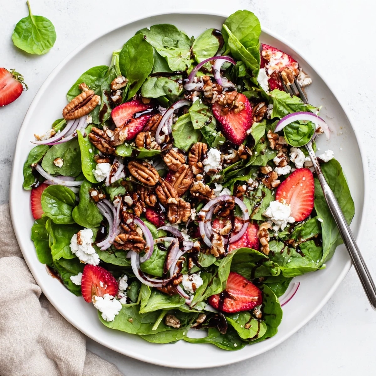 Vibrant Strawberry Fields Salad topped with juicy red strawberries, nuts, and red onion on a bed of greens