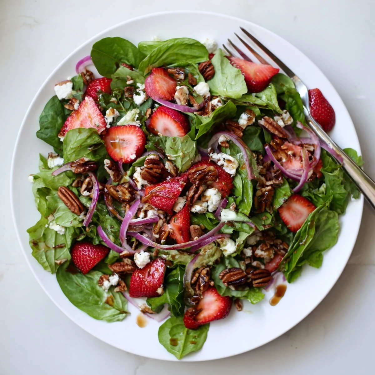 Colorful Strawberry Fields Salad bowl featuring ripe strawberries, creamy goat cheese crumbles, and crisp vegetables in honey balsamic
