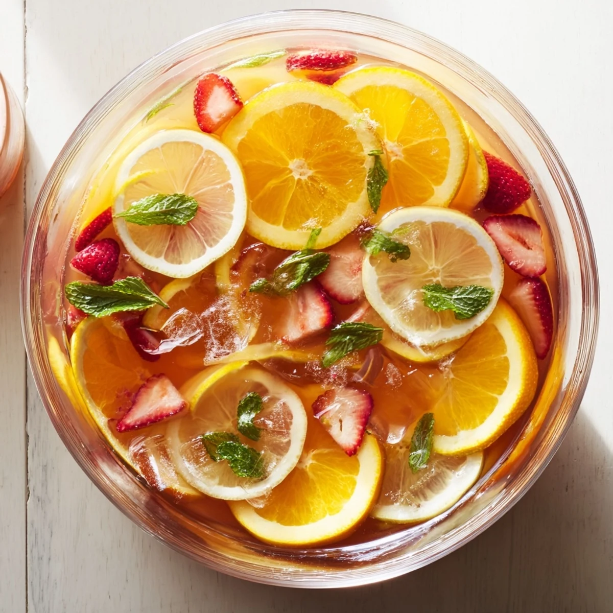 Fruity non-alcoholic Easter Punch bowl floating with citrus rounds and bright red berry garnishes