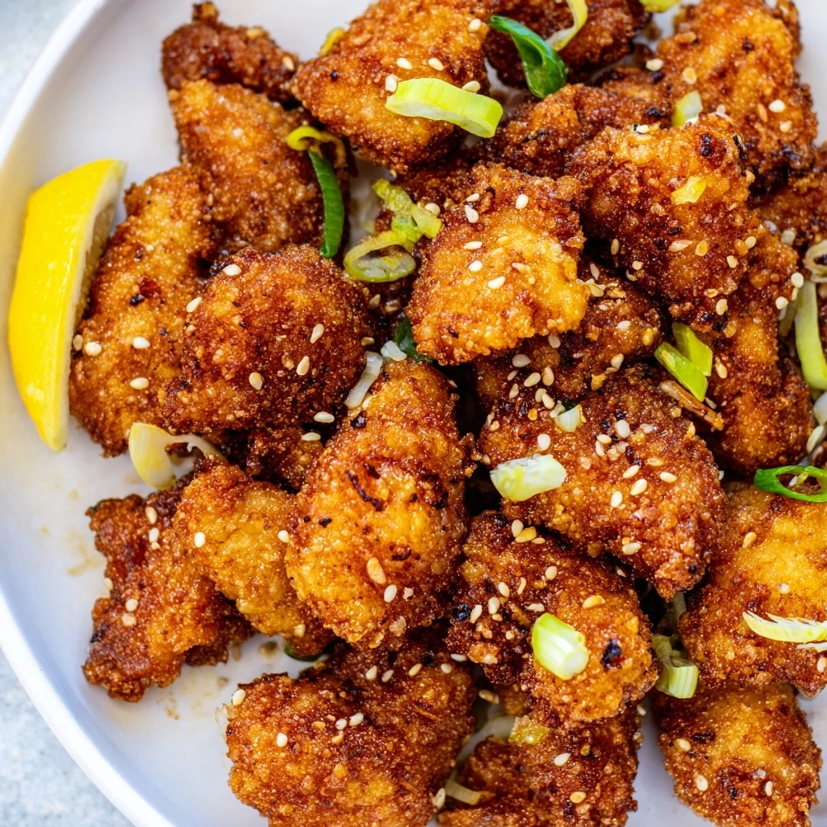 Juicy fried chicken thighs coated in sweet rice flour batter with sesame seed garnish
