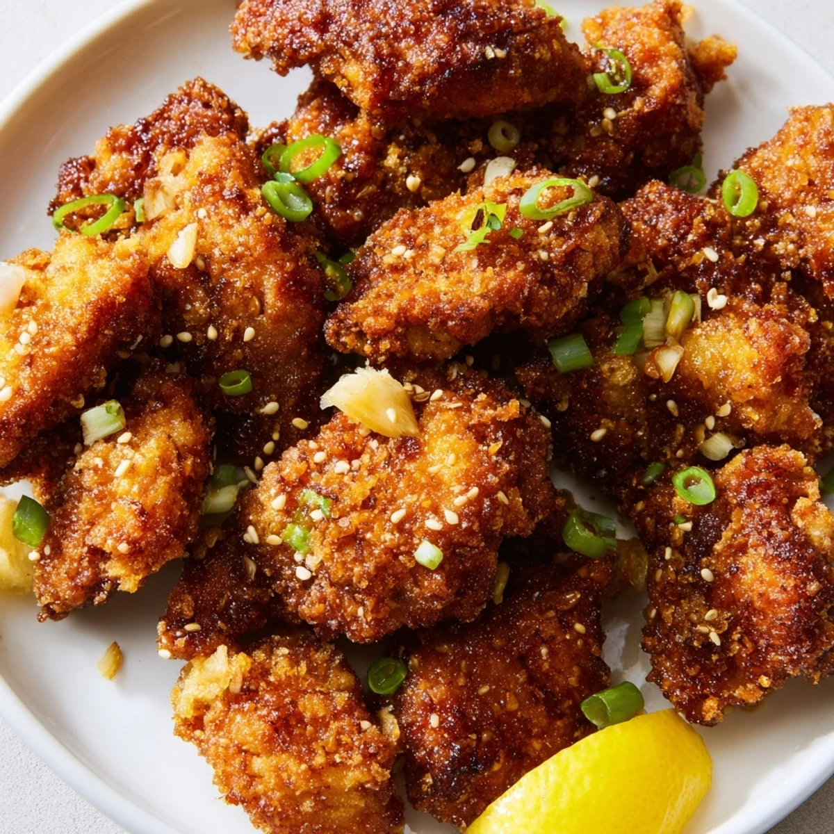 Golden brown crispy Hawaiian mochiko chicken pieces arranged on a white serving platter