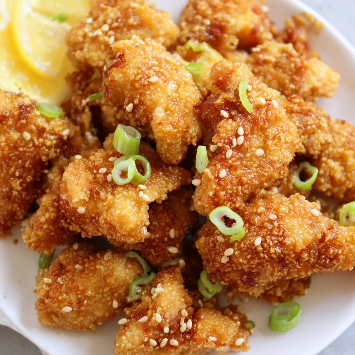 Plate of tropical mochiko chicken drizzled with sesame oil and topped with green onions
