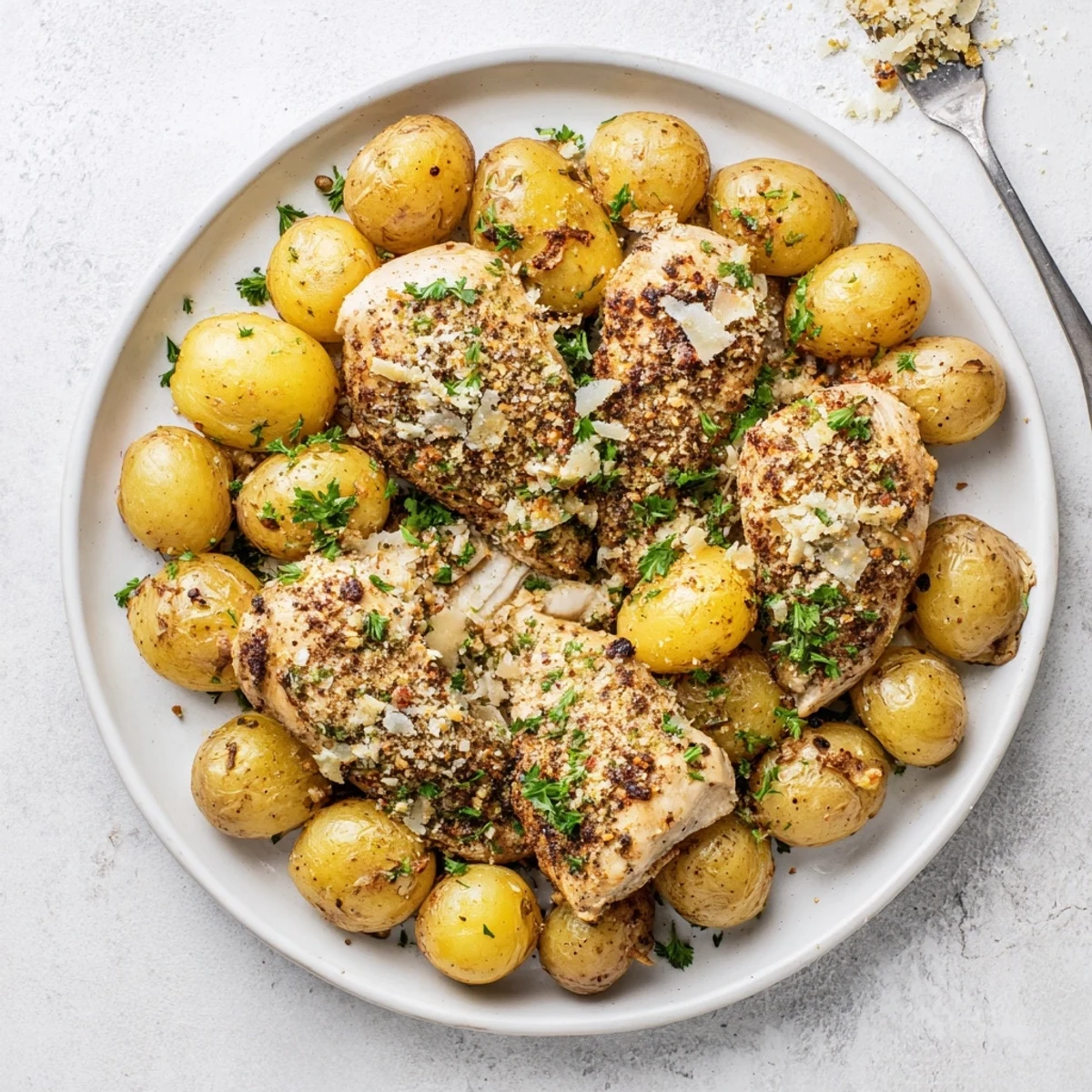Golden roasted garlic parmesan chicken breasts nestled alongside crispy baby potatoes on a baking sheet