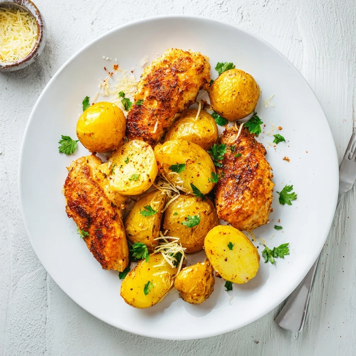 Tender juicy chicken and quartered potatoes baked with melted parmesan cheese and fresh parsley garnish