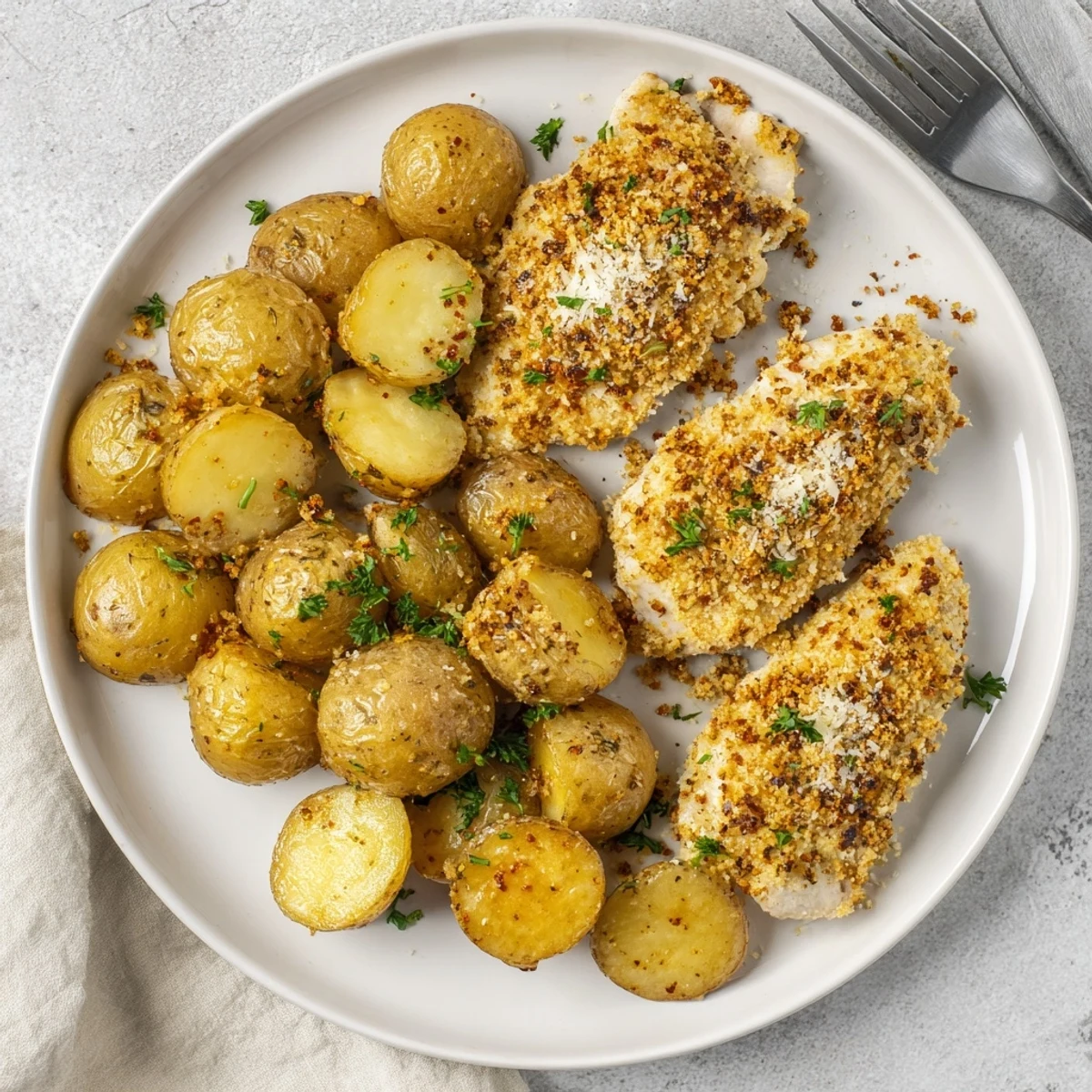 Hearty one-pan meal featuring golden brown chicken thighs and potatoes coated in savory garlic parmesan crumbs