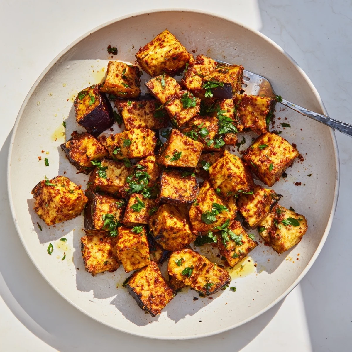 Crispy tender Mediterranean style eggplant pieces arranged in a single layer garnished with fresh green parsley